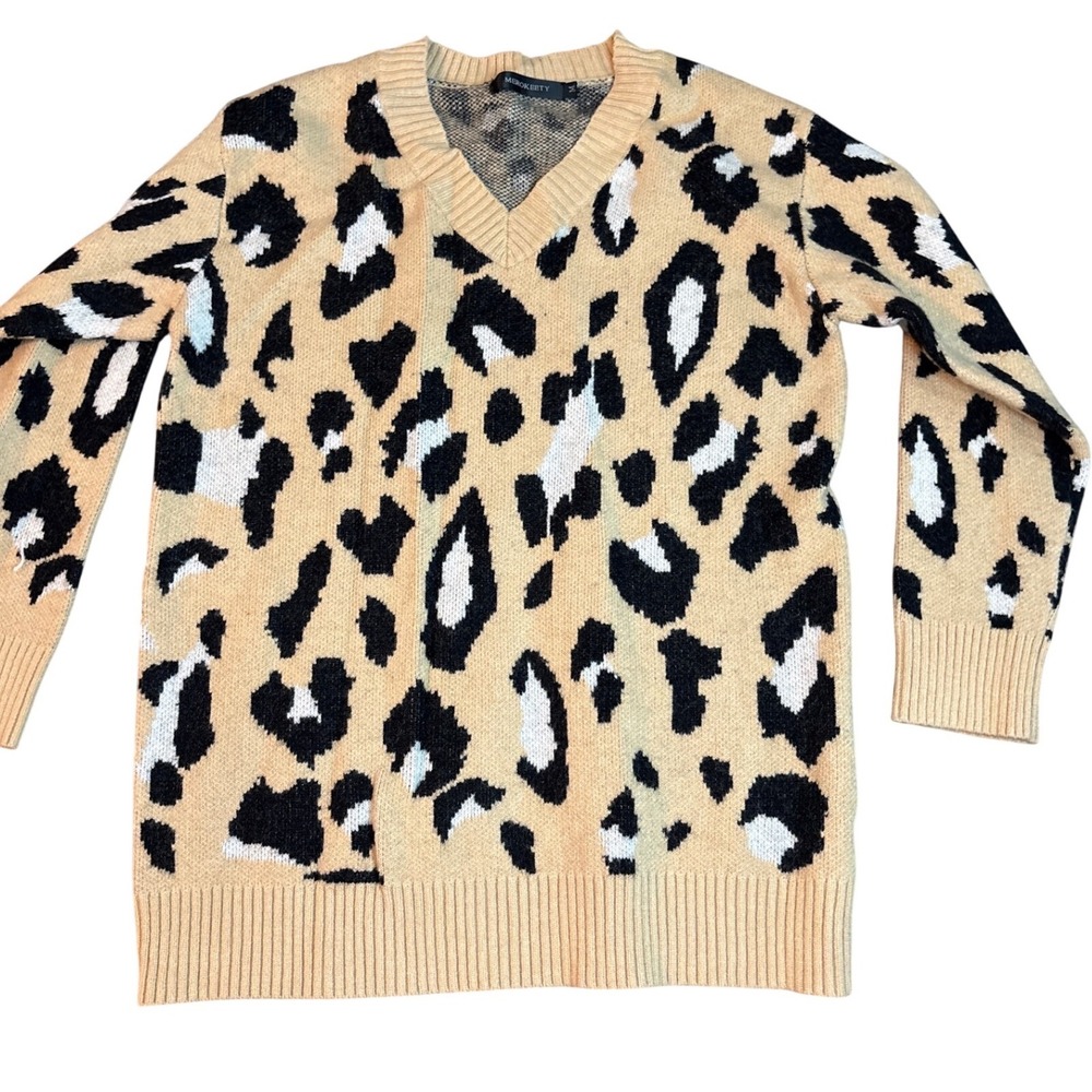 MEROKEETY‎ Leopard Print V Neck Long Sleeve Knit Sweater Dress Women Size M
